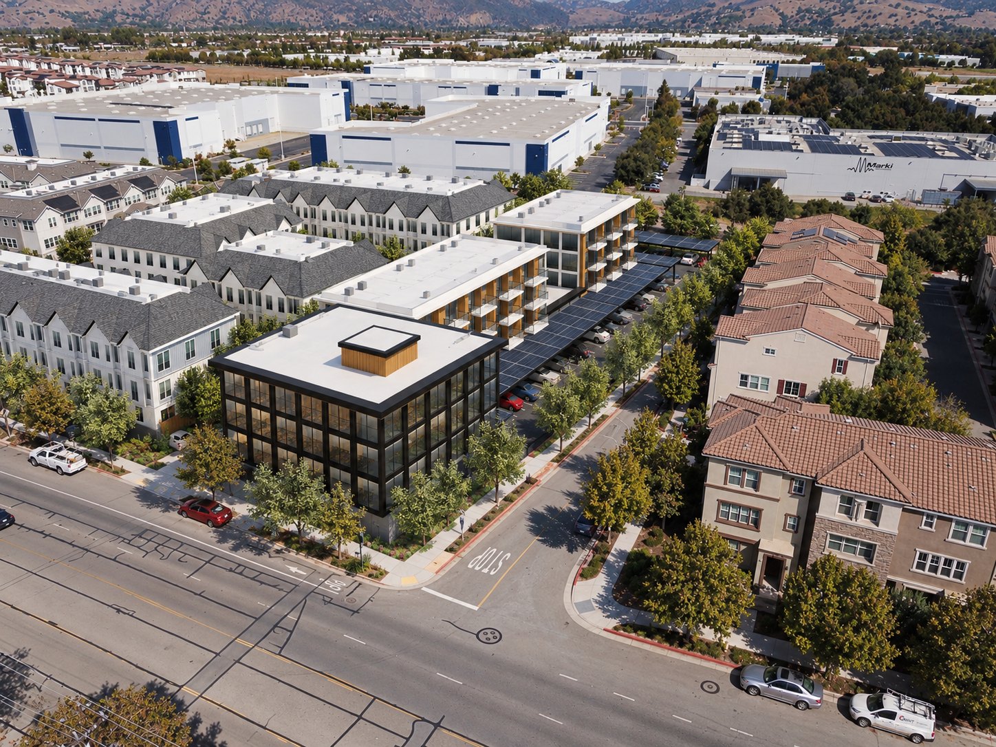 Illustrative rendering, Path 6 affordable or senior housing in the California modern style