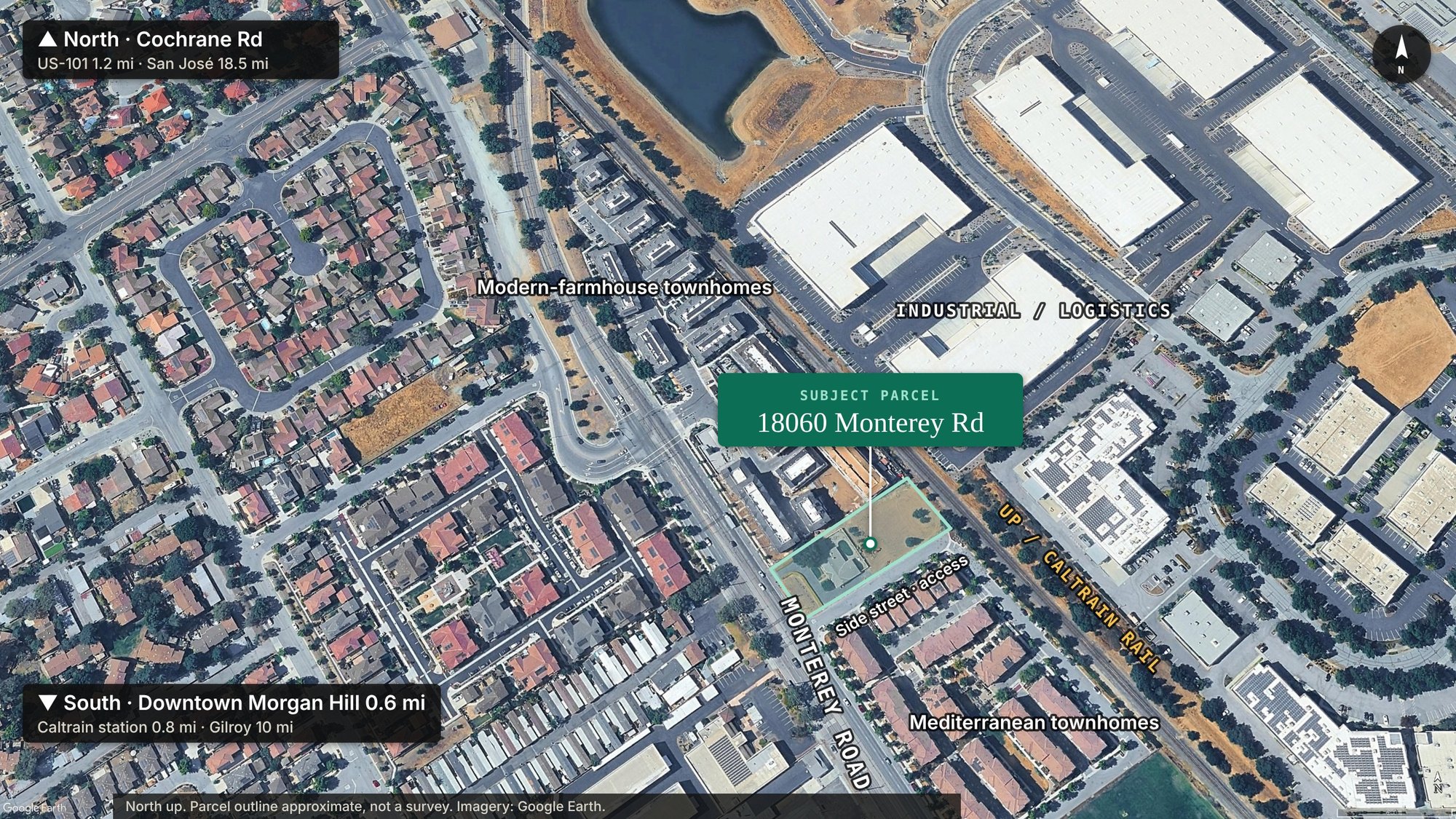 Aerial map of the neighborhood with 18060 Monterey Road outlined: Monterey Road on the west, the rail line and industrial buildings to the east, townhomes on both sides