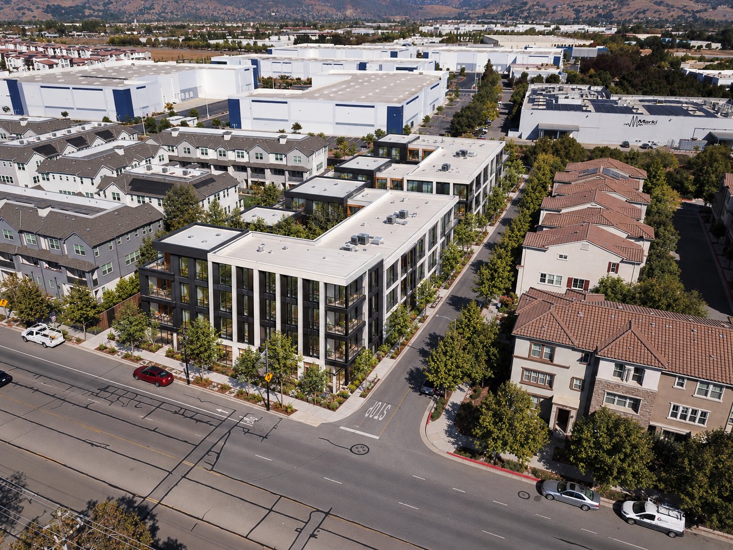 Illustrative rendering, Path 3 courtyard buildings in the contemporary style