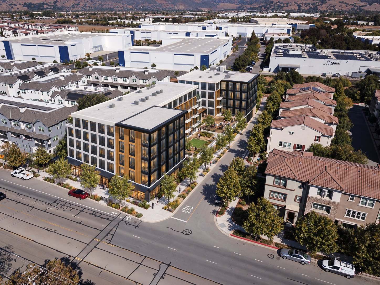 Illustrative rendering, Path 5 five-story mixed-use building with a Monterey Road shopfront, California modern style