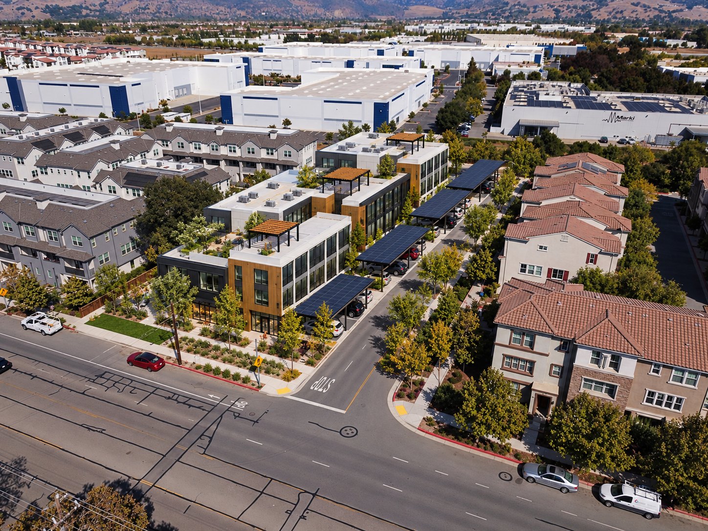 Illustrative rendering, Path 2 linear mews in the California modern style
