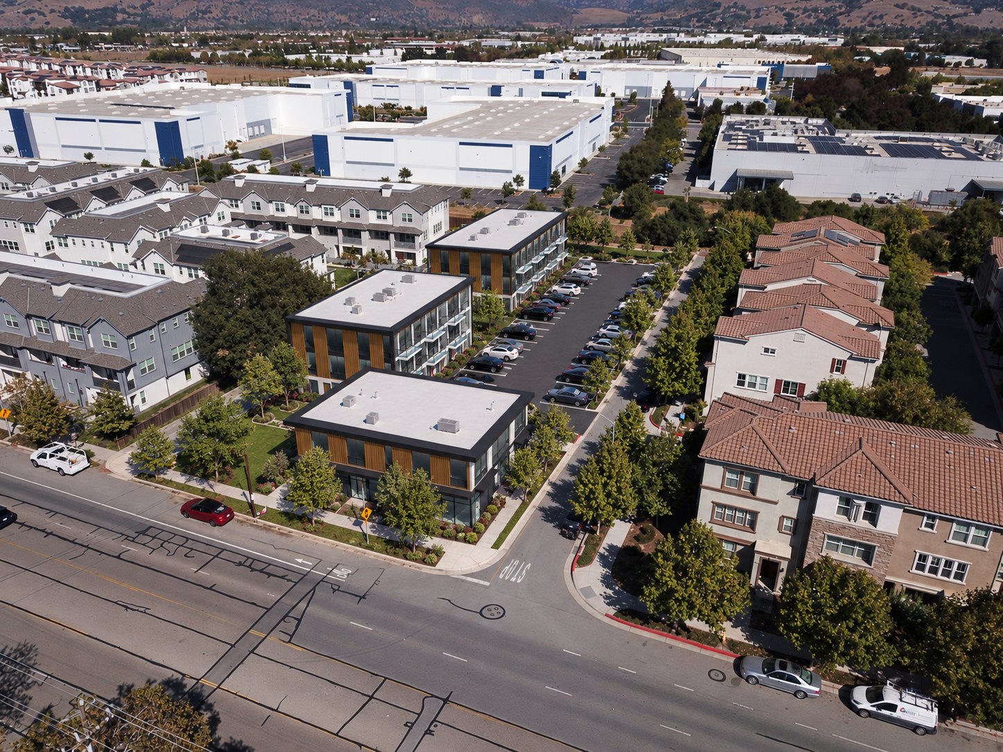 Illustrative rendering, Path 4 smaller mixed use: a storefront building on Monterey Road with homes behind
