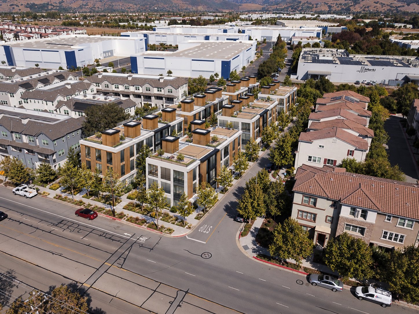 Illustrative rendering, Path 1 townhomes in the California modern style